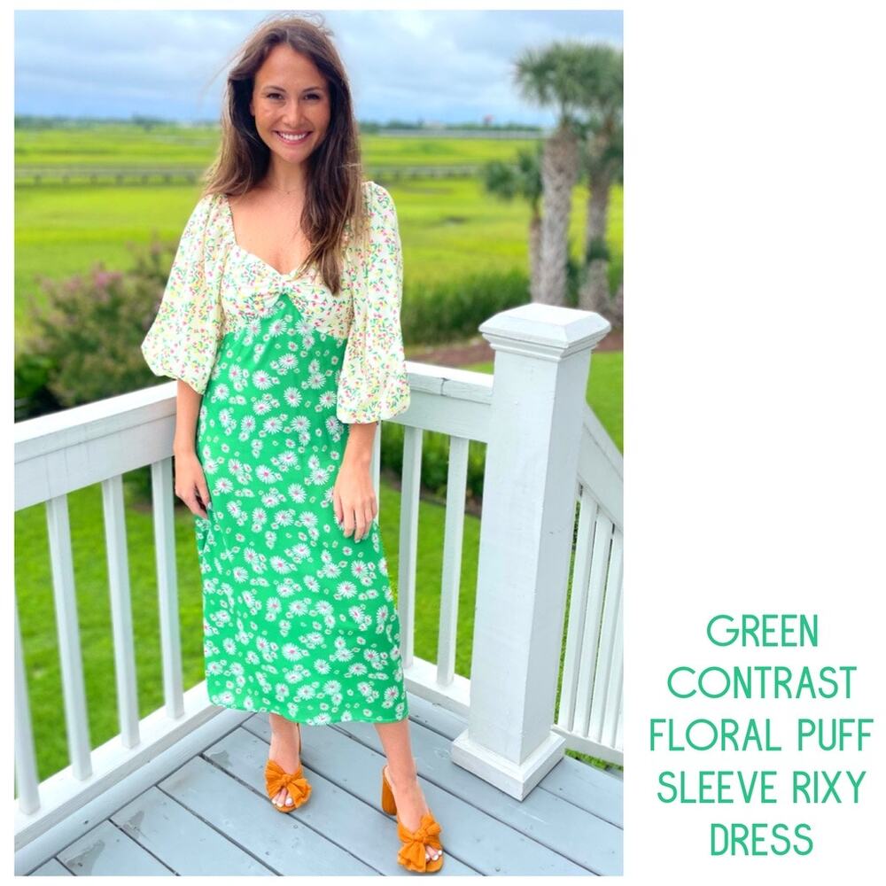 Rixo Target Womens Midi Mix-media Floral Dress Size 10 Puff Sleeve Cottagecore
